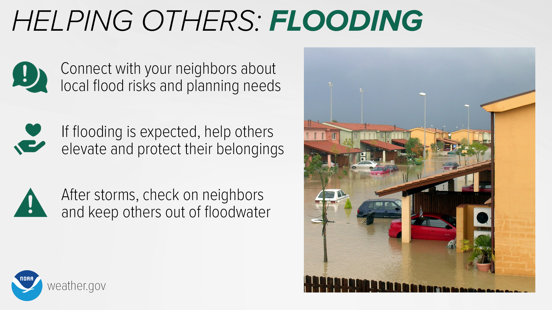 Helping Others: Flooding. Connect with your neighbors about local flood risks and planning needs. If flooding is expected, help others elevate and protect their belongings. After storms, check on neighbors and keep others out of floodwater.