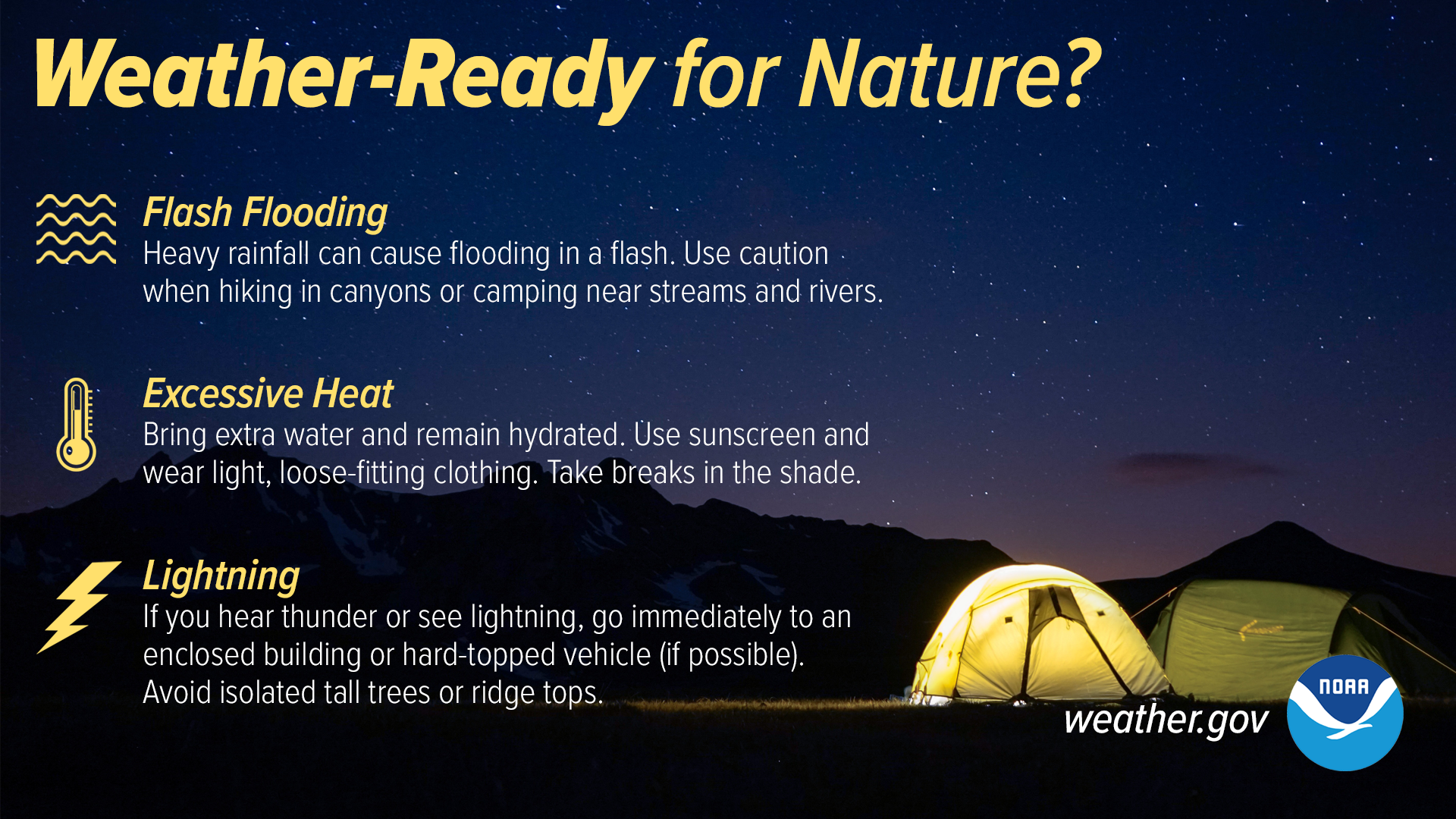 Weather-Ready for Nature? 1. Flash flooding: Heavy rainfall can cause flooding in a flash. Use caution when hiking in canyons or camping near streams and rivers. 2. Excessive Heat: Bring extra water and remain hydrated. Use sunscreen and wear light, loose-fitting clothing. Take breaks in the shade. 3. Lightning: If you hear thunder or see lightning, go immediately to an enclosed building or hard-topped vehicle (if possible). Avoid isolated tall trees or ridge tops.