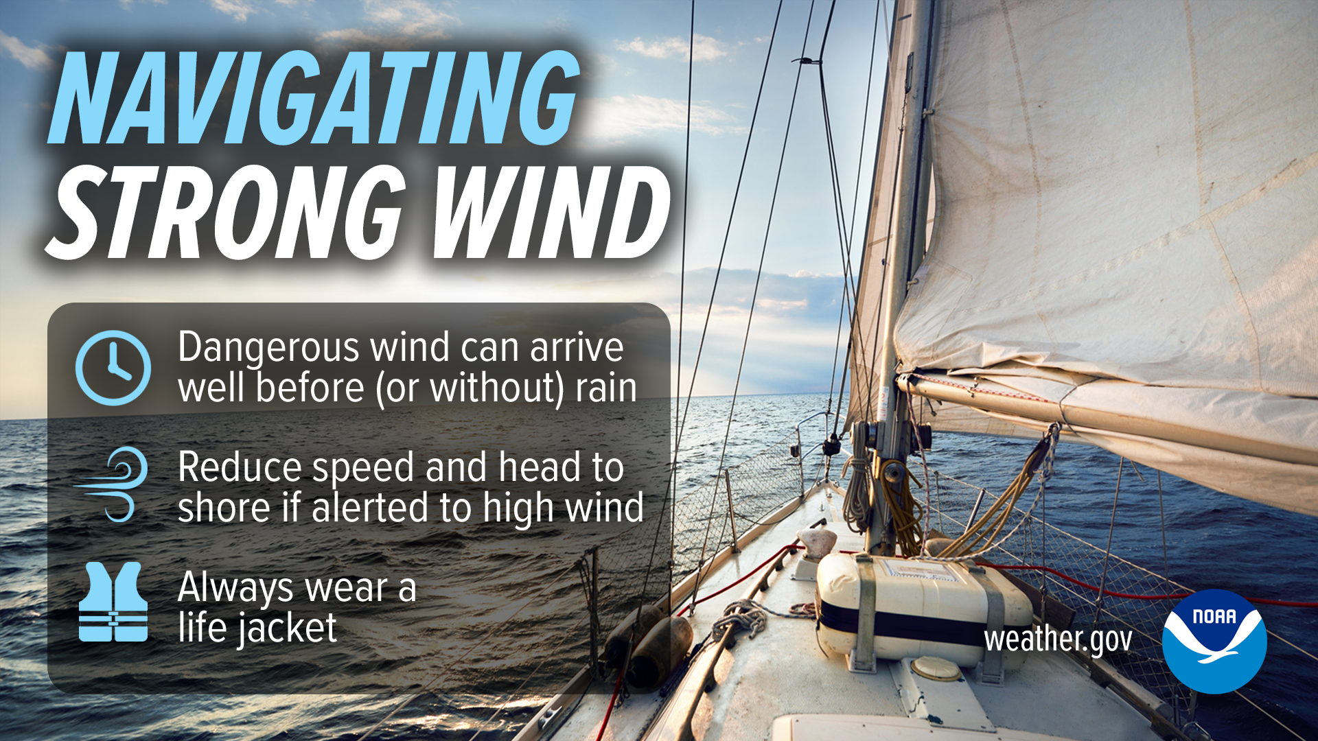 Navigating Strong Wind. Dangerous wind can arrive well before (or without) rain. Reduce speed and head to shore if alerted to high wind. Always wear a life jacket.