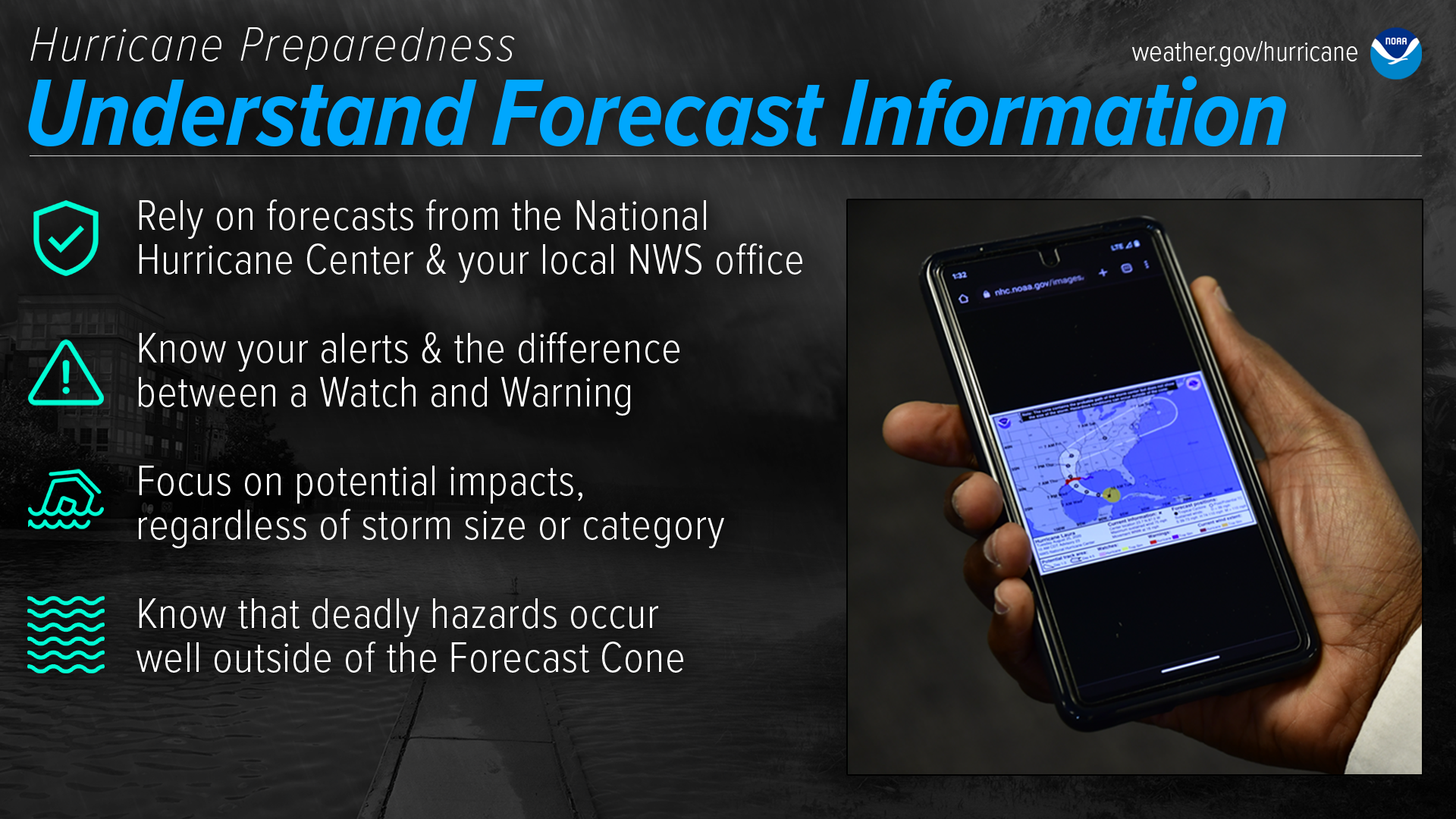 Hurricane Preparedness - Understand forecast information. Rely on forecasts from the National Hurricane Center & your local NWS office. Know your alerts & the difference between a Watch and a Warning. Focus on potential impacts, regardless of storm size or category. Know that deadly hazards occur well outside of the Forecast Cone.