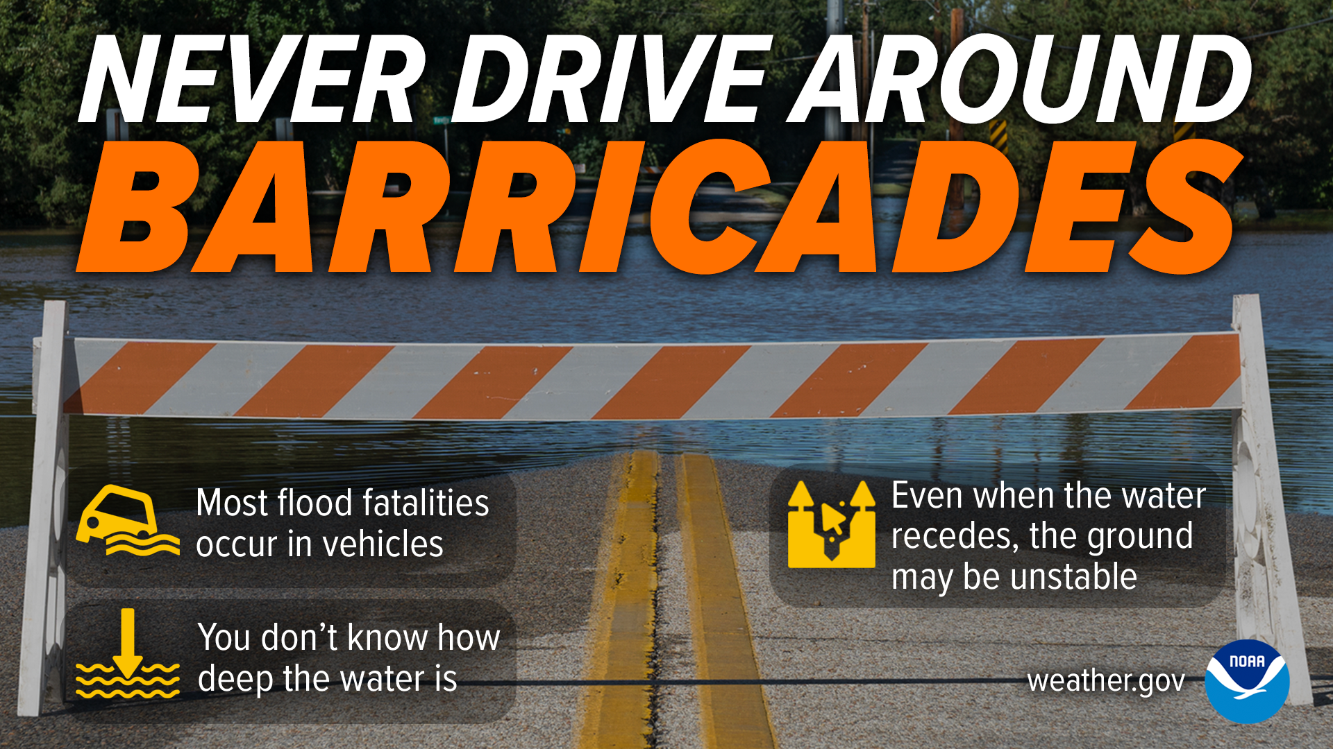 Never drive around barricades. Most flood fatalities occur in vehicles. You don't know how deep the water is. Even when the water recedes, the ground may be unstable.