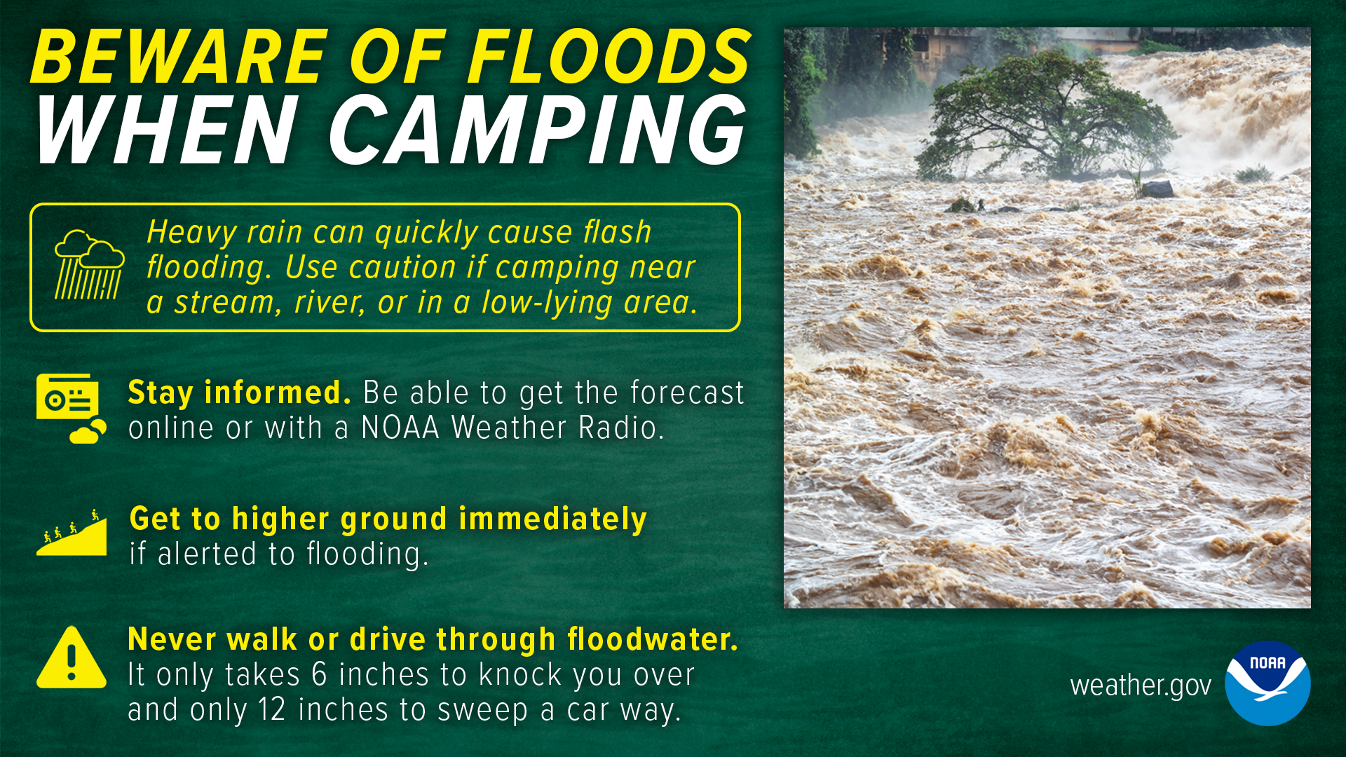 Beware of floods when camping. Heavy rains can quickly cause flash flooding. Use caution if camping near a stream, river, or in a low-lying area. Stay informed. Be able to get the forecast online or with a NOAA Weather Radio. Get to higher ground immediately if alerted to flooding. Never walk or drive through floodwater. It only takes 6 inches to knock you over and only 12 inches to sweep a car away.