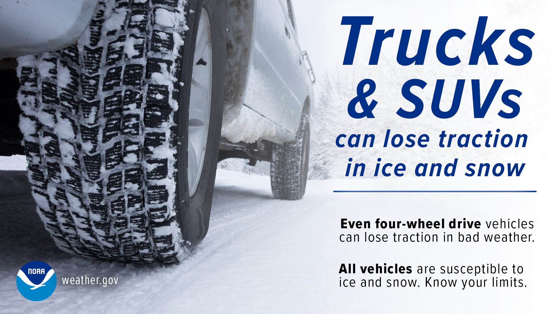 Pictured: A truck tire with snow between the treads. Text: Trucks & SUVs can lose traction in ice and snow. Even four-wheel drive vehicles can lose traction in bad weather. All vehicles are susceptible to ice and snow. Know your limits.