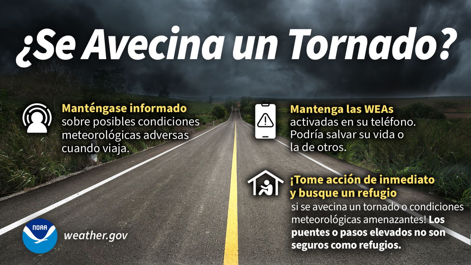 Gráfico con una carretera que se extiende hacia el horizonte donde se están formando nubes siniestras y tormentosas. El texto grande dice: ¿Se avecina un tornado? Es fundamental mantenerse informado sobre posibles condiciones meteorológicas adversas cuando viaja. Mantenga habilitadas las Alertas Inalámbricas de Emergencia en su teléfono. ¡Tome medidas inmediatas y busque refugio si se avecina un tornado o mal tiempo! Los puentes o pasos elevados en las carreteras no son refugios seguros.