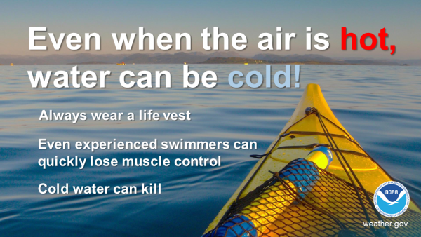 Even when the air is hot, water can be cold! Always wear a life vest. Even experienced swimmers can lose muscle control. Cold water can kill.