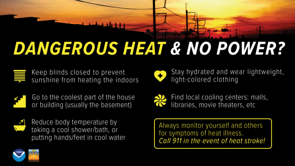 When the power goes out during dangerous heat, keep blinds closed to prevent sunshine from heating the indoors, go to the coolest part of the house or building (usually the basement), reduce body temperature by taking a cool shower/bath or putting hands/feet in cool water, stay hydrated, wear lightweight, light-colored clothing, find local cooling centers like malls, libraries, movie theaters, etc, and always monitor yourself and others for symptoms of heat illness. Call 911 in the event of heat stroke!
