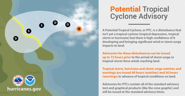 A Potential Tropical Cyclone, or PTC, is a disturbance that isn't yet a tropical cyclone (tropical depression, tropical storm or hurricane), but there is high confidence of it developing and bringing significant wind or storm surge impacts to land. Advisories for these disturbances can be issued up to 72 hours prior to the arrival of storm surge or tropical-storm-force winds reaching land. Tropical storm, hurricane and storm surge watches and warnings are issued 48 hours (watches) and 36 hours (warnings) in advance of tropical conditions on land. Advisories for PTCs contain all of the standard advisory text and graphical products (like the cone graphic) and will be issued at the standard advisory times.
