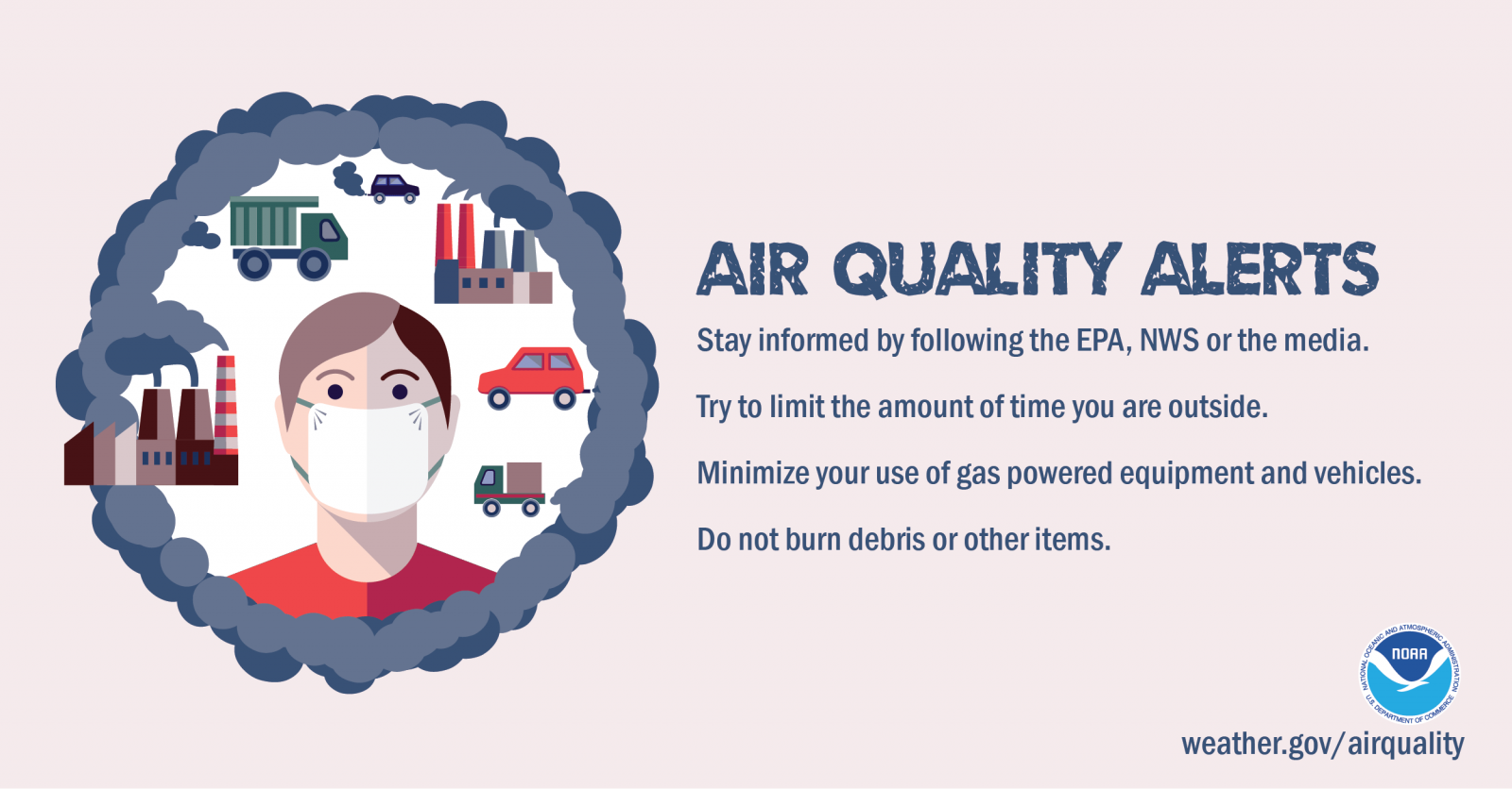 Air Quality Alerts: Stay informed by following the EPA, NWS or the media. Try to limit the amount of time you are outside. Minimize your use of gas powered equipment and vehicles. Do not burn debris or other items.