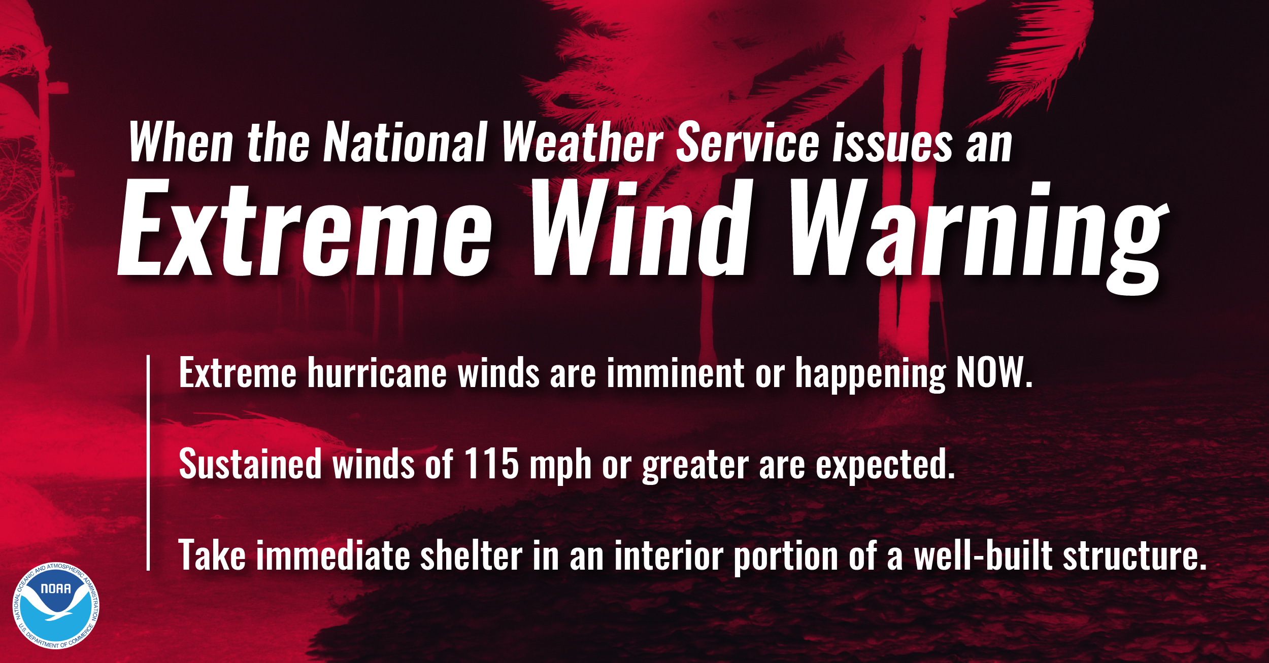 Wenn der Nationale Wetterdienst eine Warnung vor extremem Wind ausgibt, bedeutet dies: 1) Extreme Hurrikanwinde stehen unmittelbar bevor oder passieren JETZT. 2) Anhaltende Winde von 115 mph oder mehr werden erwartet. 3) Nehmen Sie sofort Schutz in einem inneren Teil einer gut gebauten Struktur.