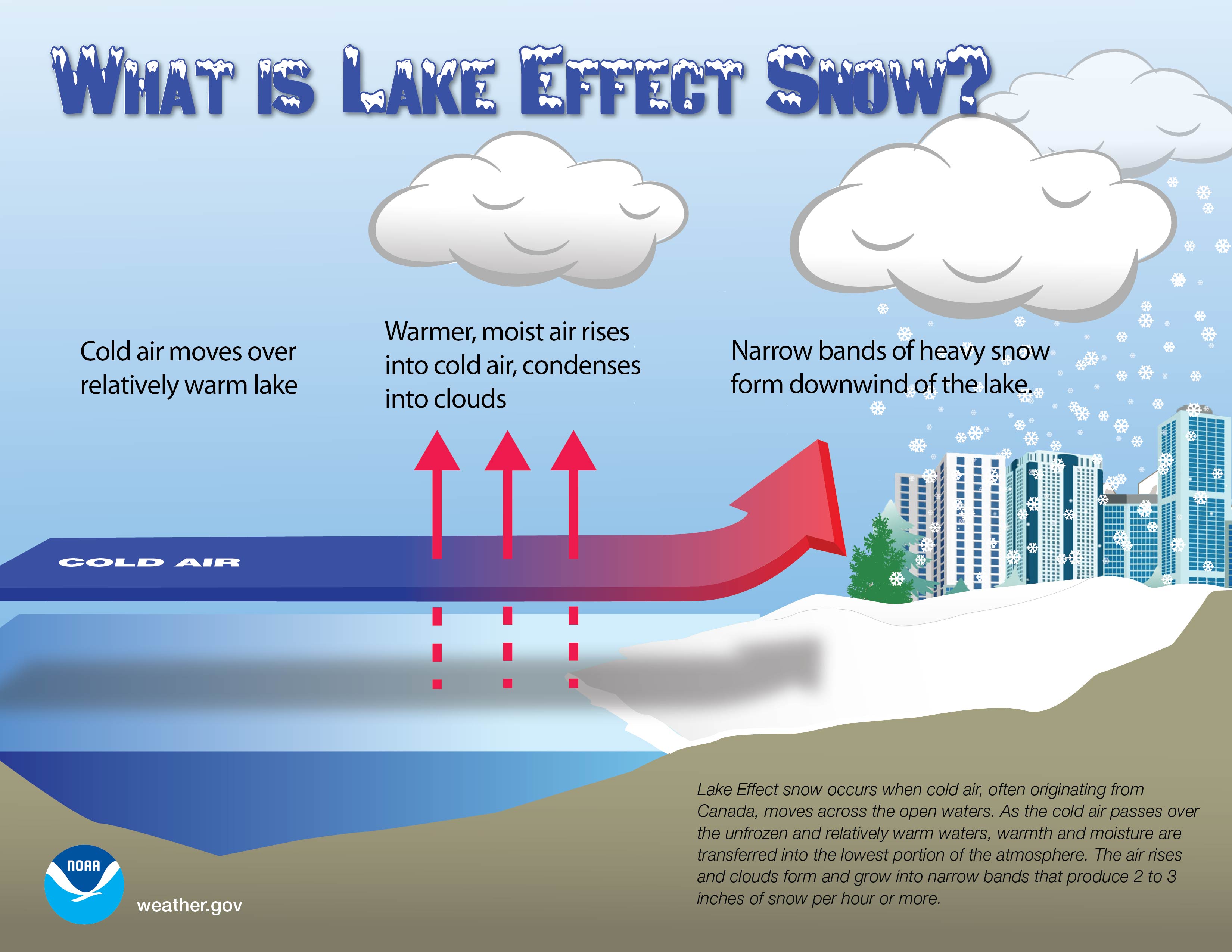 What is lake effect snow? Lake effect snow occurs when cold air, often originating from Canada, moves across the open waters. As the cold air passes over the unfrozen and relatively warm waters, warmth and moisture are transferred into the lowest portion of the atmosphere. The air rises and clouds form and grow into narrows bands that produce 2 to 3 inches of snow per hour or more.