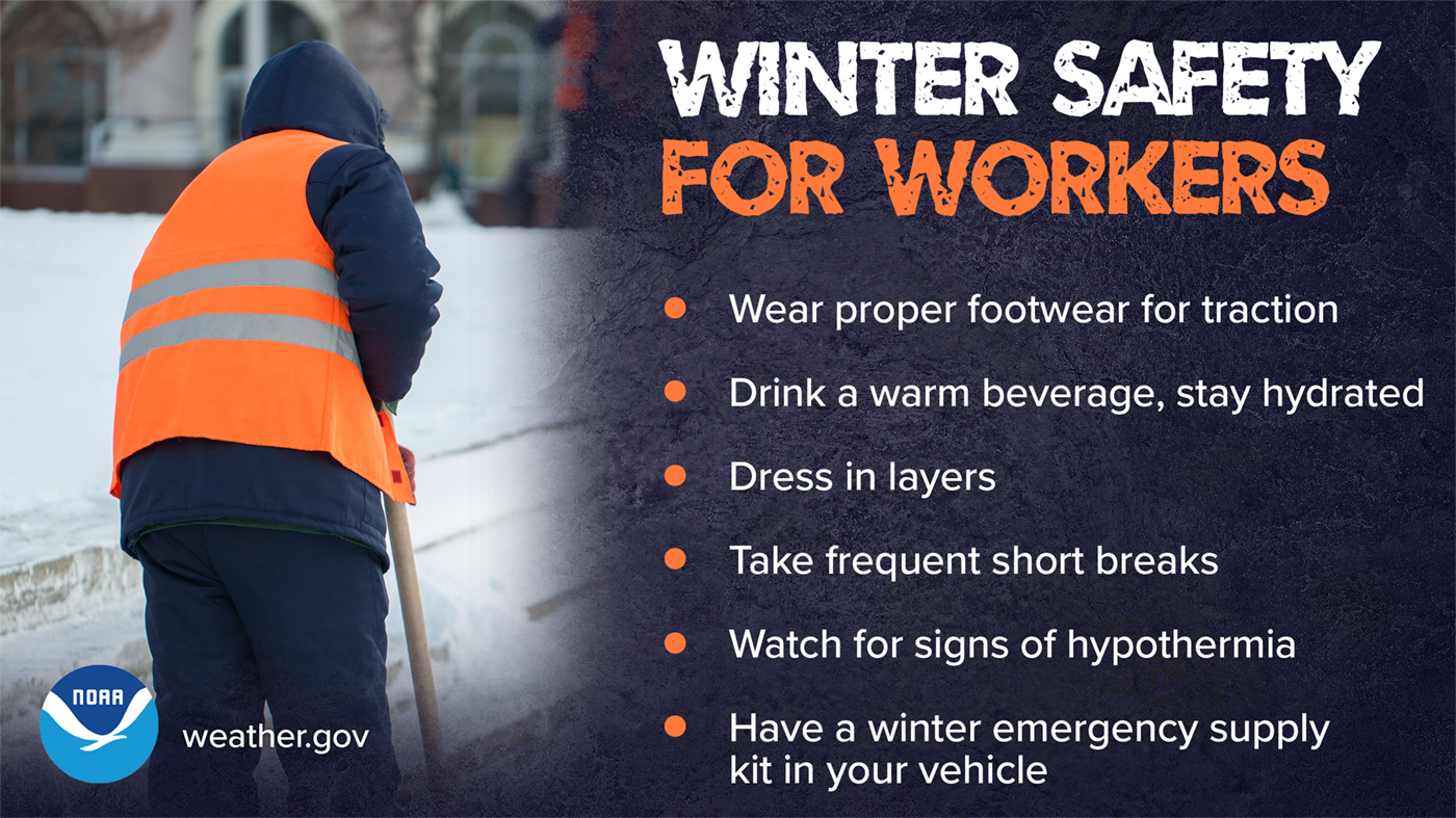 Winter Safety For Workers: 1) Wear proper footwear for traction. 2) Drink a warm beverage, stay hydrated. 3) Dress in layers. 4) Take frequent short breaks. 5) Watch for signs of hypothermia. 6) Have a winter emergency supply kit in your vehicle.