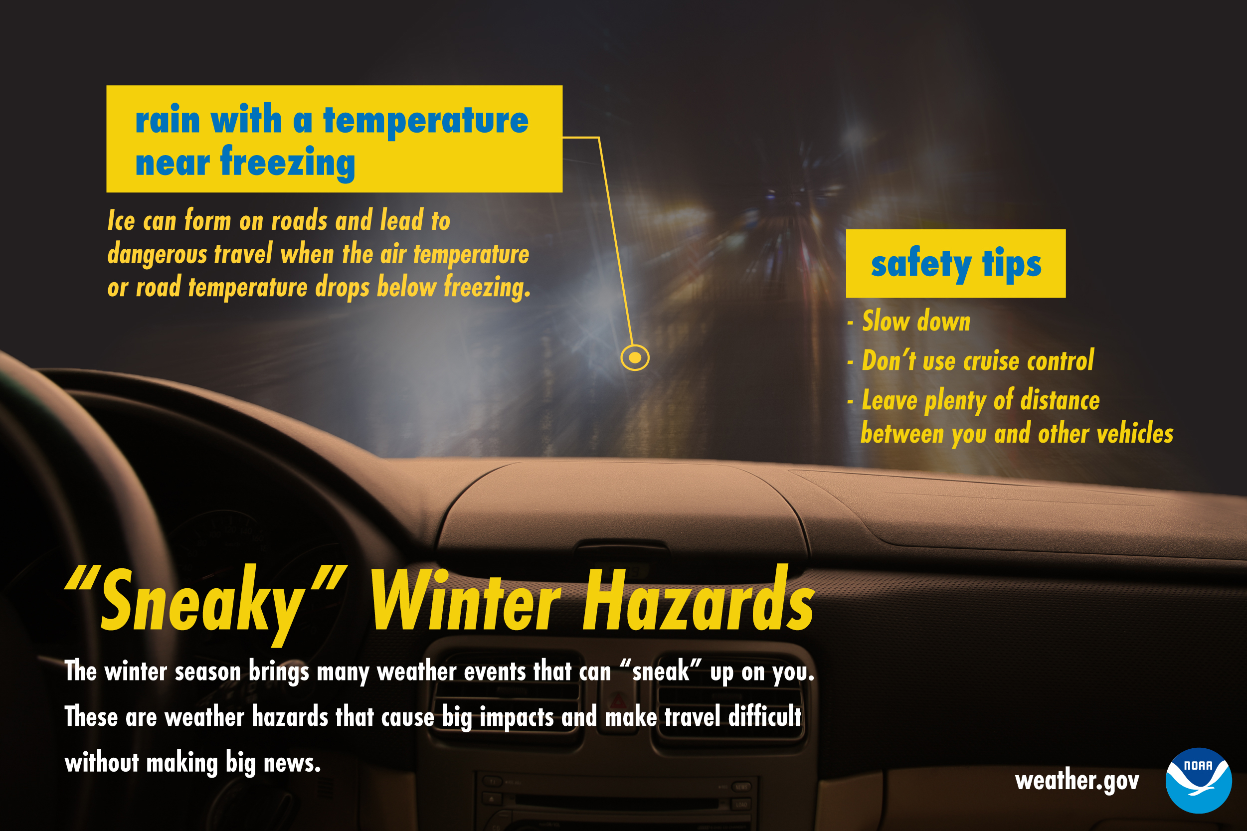 Sneaky Winter Hazards: Rain with a temperature near freezing. Ice can form on roads and lead to dangerous travel when the air temperature or road temperature drops below freezing. Safety tips: slow down; don't use cruise control; leave plenty of distance between you and other vehicles.
