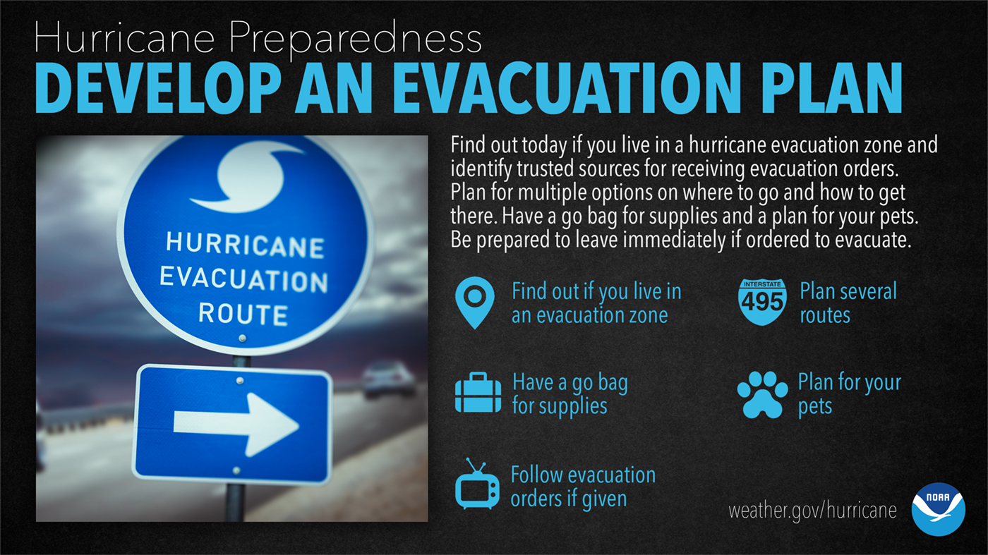 Hurricane Preparedness: Develop An Evacuation Plan. Find out today if you live in a hurricane evacuation zone and identify trusted sources for receiving evacuation orders. Plan for multiple options on where to go and how to get there. Have a go bag for supplies and a plan for your pets. Be prepared to leave immediately if ordered to evacuate.