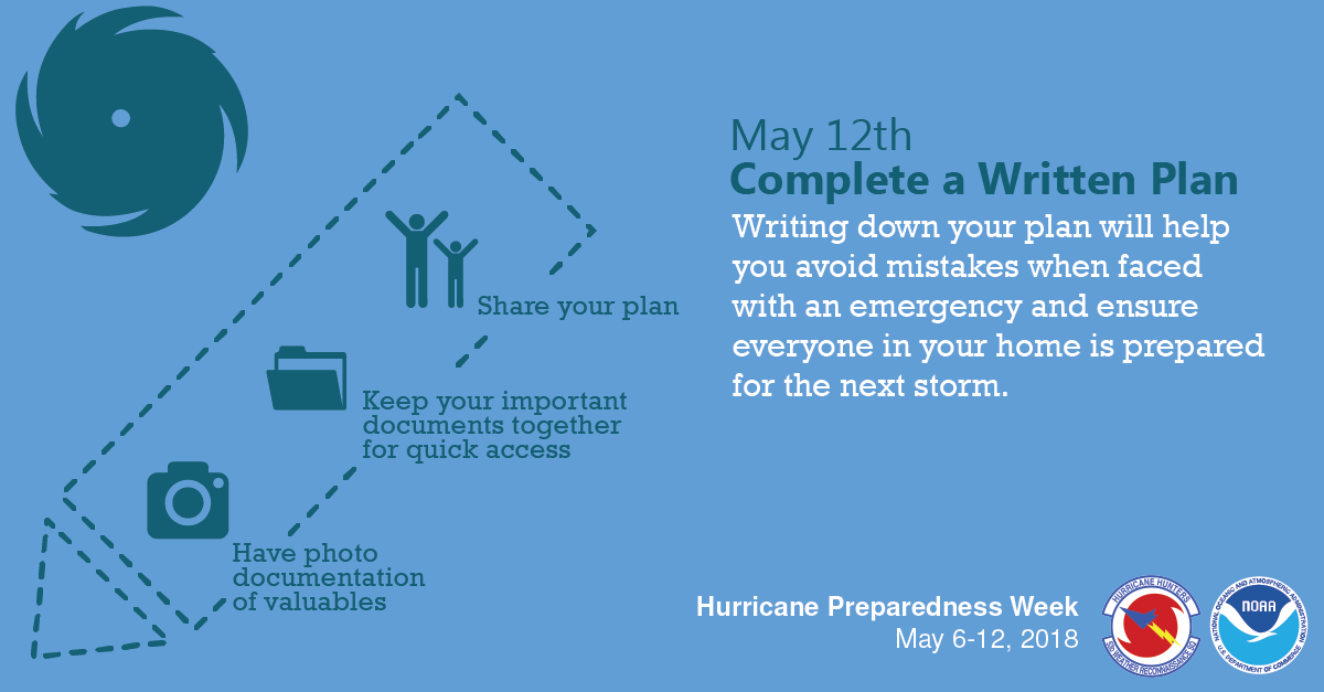Saturday, May 12th Complete your written hurricane plan