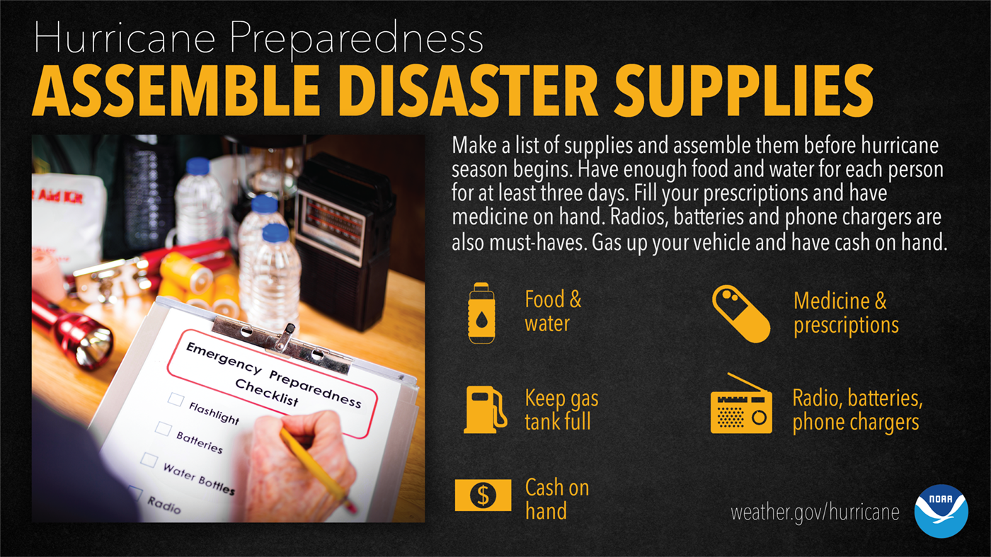 Hurricane Preparedness: Assemble Disaster Supplies. Make a list of supplies and assemble them before hurricane season begins. Have enough food and water for each person for at least three days. Fill your prescriptions and have medicine on hand. Radios, batteries and phone chargers are also must-haves. Gas up your vehicle and have cash on hand.