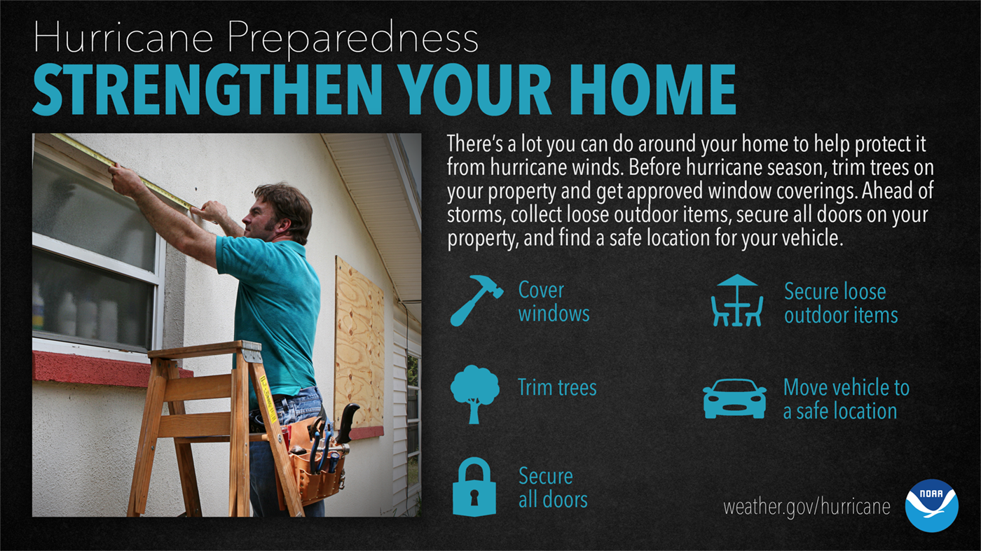 Hurricane Preparedness: Strengthen Your Home. There's a lot you can do around your home to help protect it from hurricane winds. Before hurricane season, trim trees on your property and get approved window coverings. Ahead of storms, collect loose outdoor items, secure all doors on your property, and a find a safe location for your vehicle.