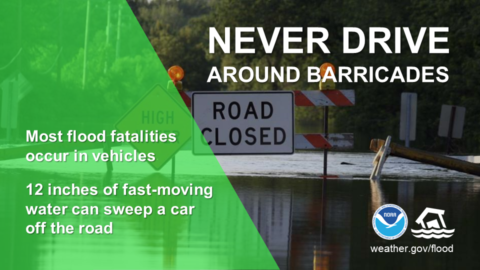 Never Drive Around Barricades.  Most flood fatalities occur in vehicles.  12 inches of fast-moving water can sweep a car off the road.
