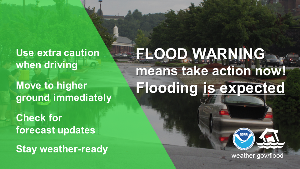 Flood Warning means take action now!  Flooding is expected.  Use extra cuation when driving.  Move to higher ground immediately.  Check for forecast updates.  Stay weather-ready