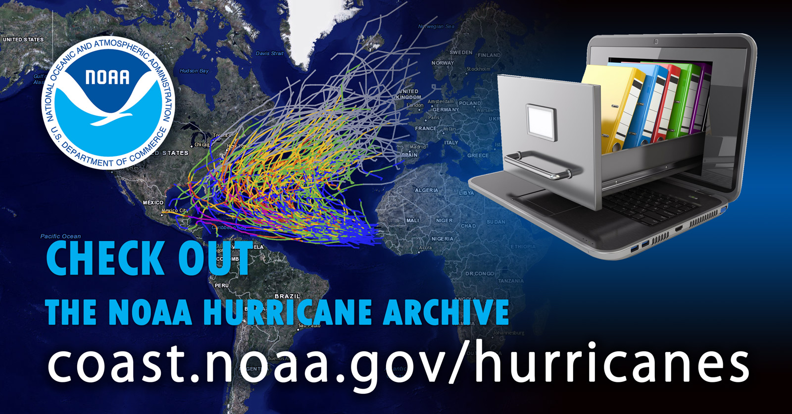 Pictured: a map with hurricane tracks adjacent to a file cabinet and laptop. Text: Check out the NOAA Hurricane Archive.