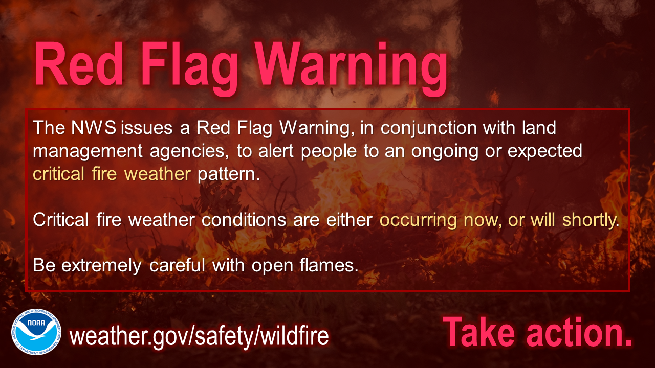 Red Flag Warning: Be extremely careful with open flames. The NWS issues a Red Flag Warning, in conjunction with land management agencies, to alert land managers to an ongoing or imminent critical fire weather pattern. Critical fire conditions are either occurring now, or will shortly.  Be extremely careful with open flames.