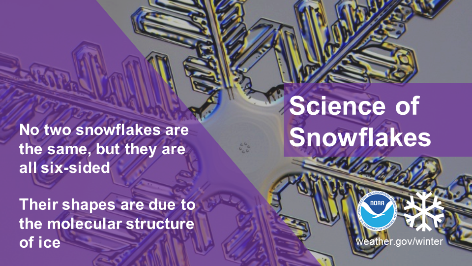 Science of Snowflakes: No two snowflakes are the same, but they are all six-sided. Their shapes are due to the molecular structure of ice.