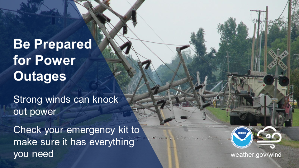 Be prepared for power outages. Strong winds can knock out power. Check your emergency kit to make sure it has everything you need.