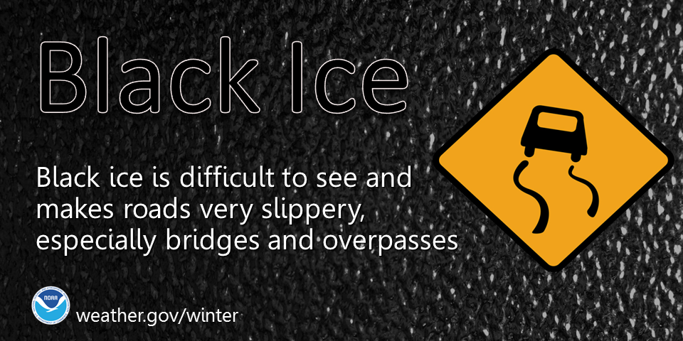 Please Drive Slowly. Black Ice is difficult to see and makes roads very slippery, especially bridges and overpasses.