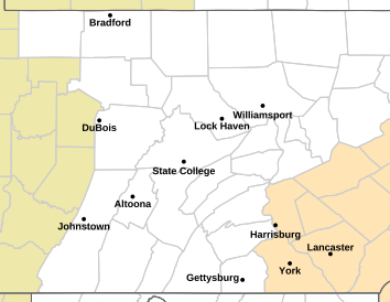 Current weather hazards map for Lancaster, PA and the surrounding area