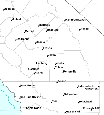 Current weather hazards map for Visalia, CA and the surrounding area