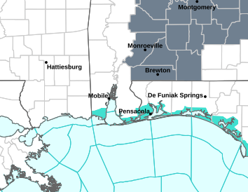 Current weather hazards map for Pensacola, FL and the surrounding area