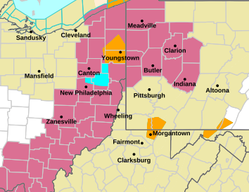 Current weather hazards map for Pittsburgh, PA and the surrounding area