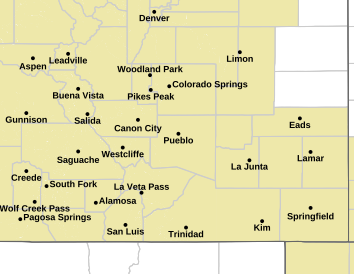 Current weather hazards map for Pueblo, CO and the surrounding area