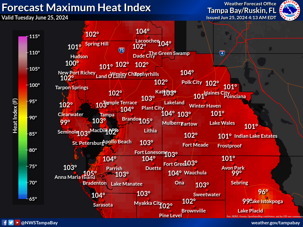 Maximum Heat Index for Day 1 across West Central Florida