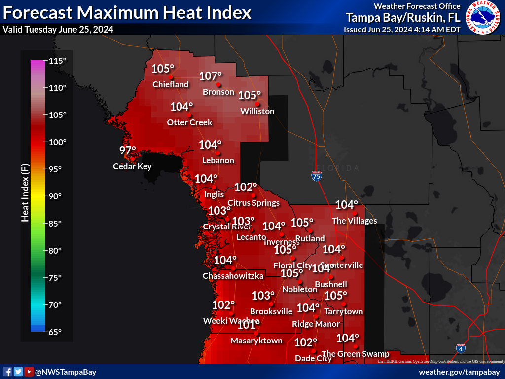 Maximum Heat Index for Day 1 across the Nature Coast