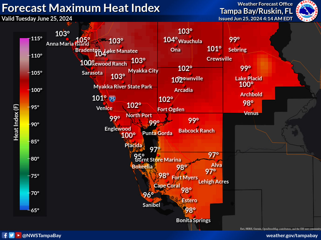 Maximum Heat Index for Day 1 across Southwest Florida