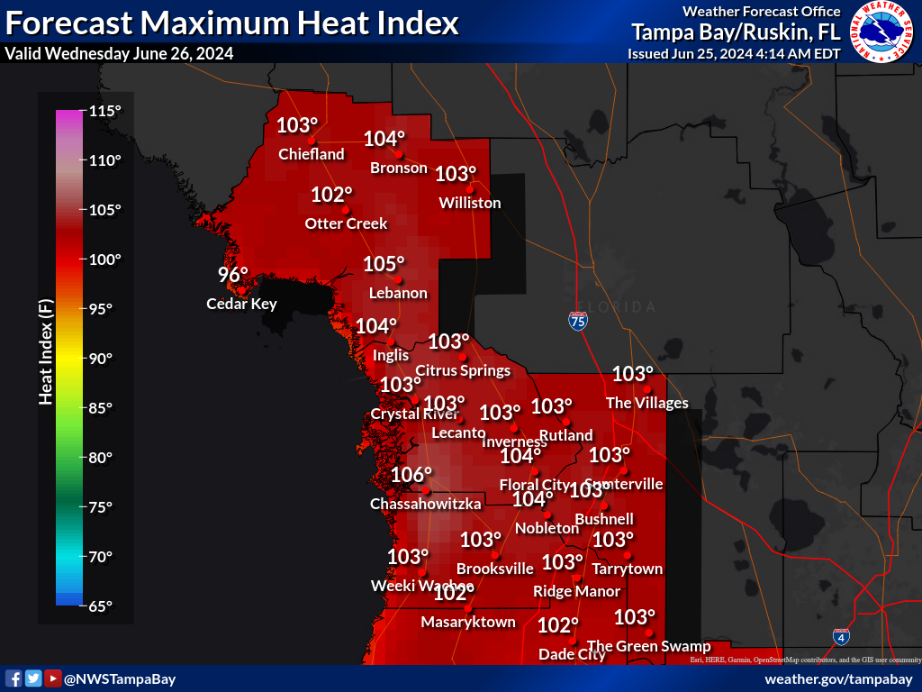 Maximum Heat Index for Day 2 across the Nature Coast