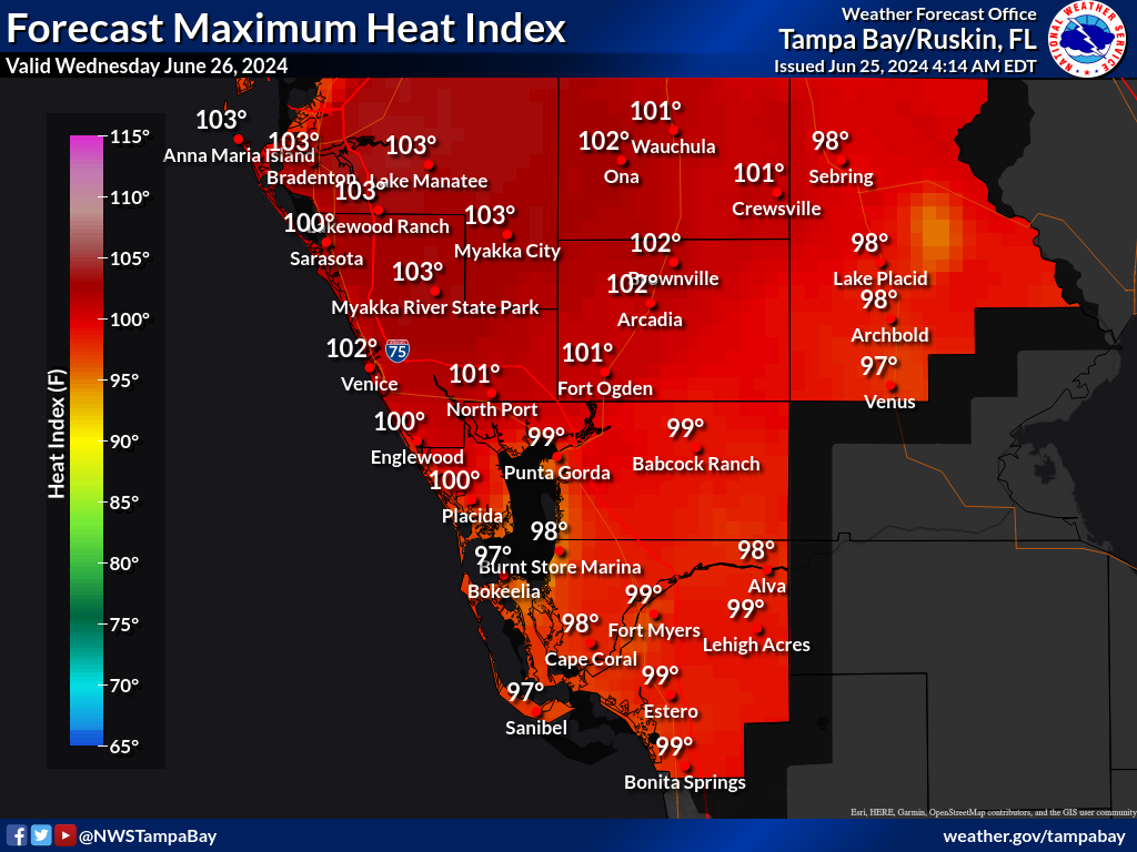 Maximum Heat Index for Day 2 across Southwest Florida