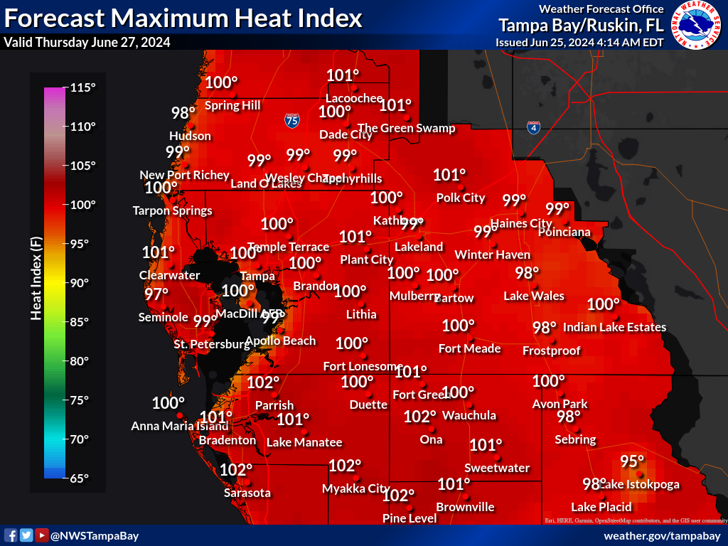 Maximum Heat Index for Day 3 across West Central Florida