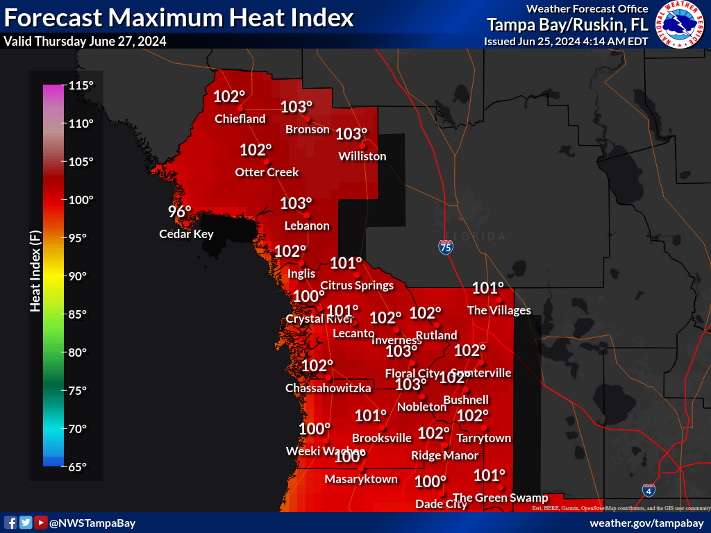 Maximum Heat Index for Day 3 across the Nature Coast