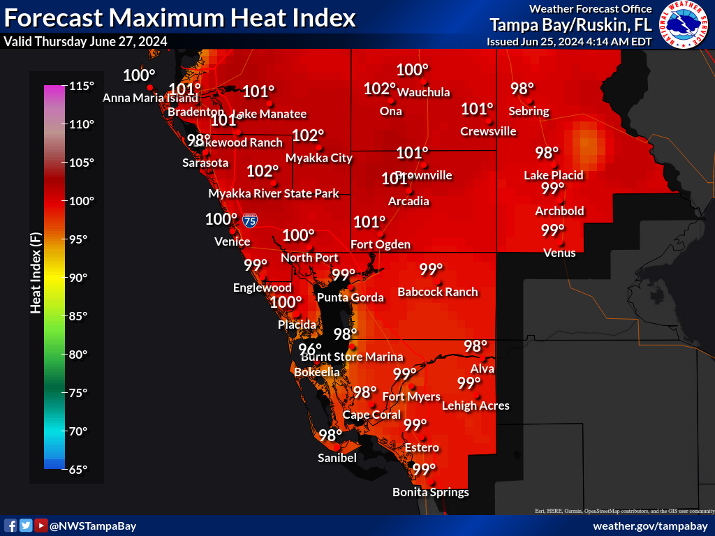 Maximum Heat Index for Day 3 across Southwest Florida