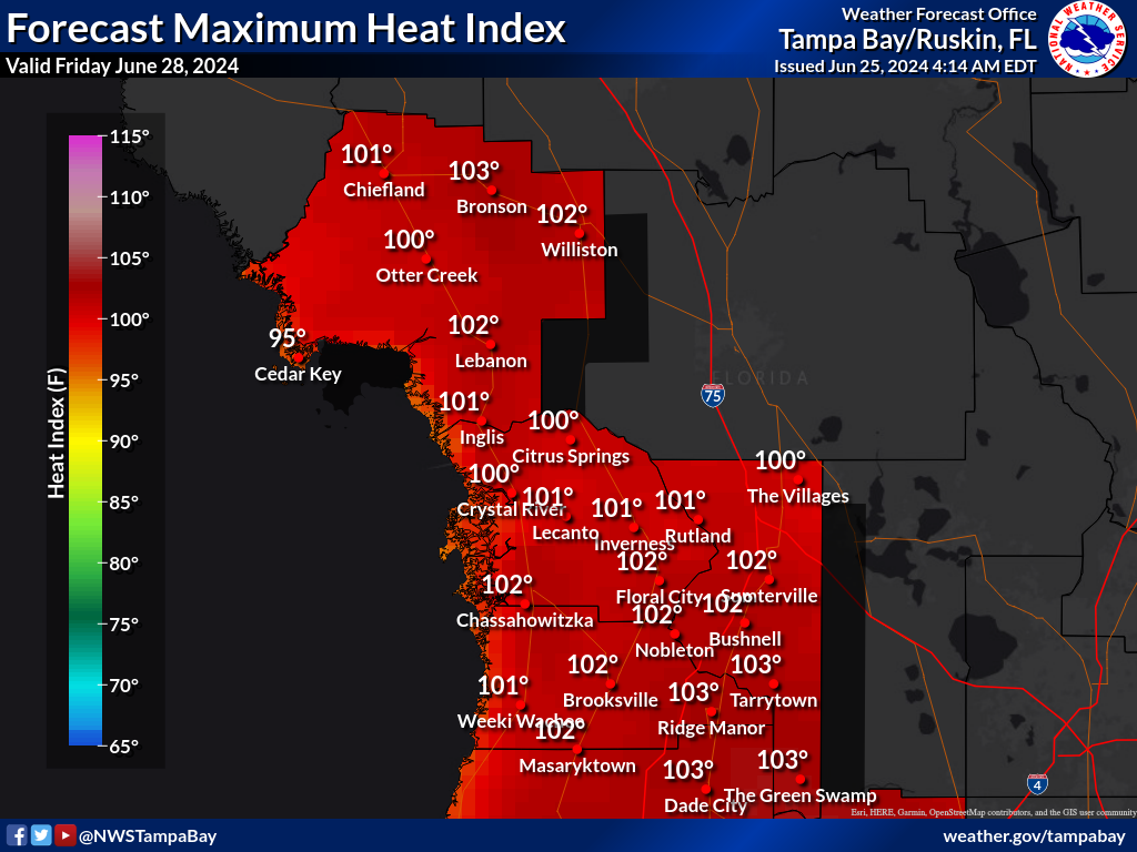 Maximum Heat Index for Day 4 across the Nature Coast