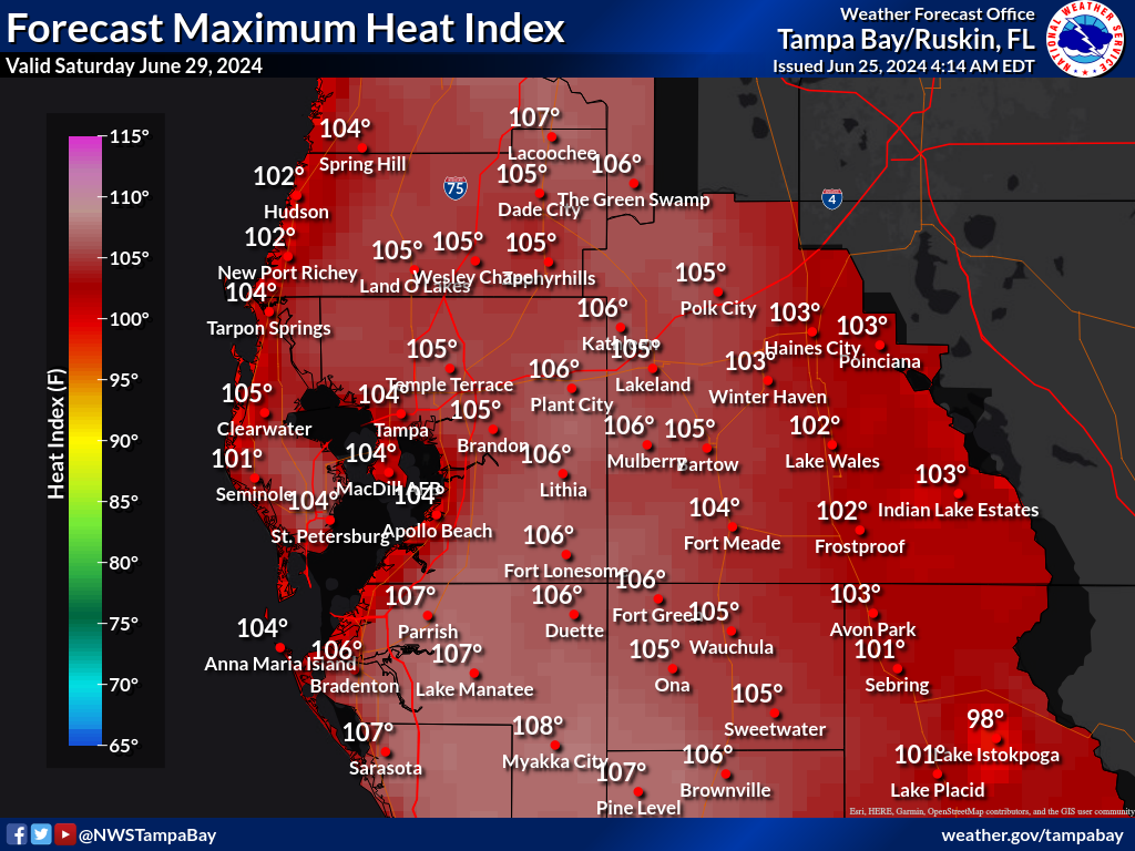 Maximum Heat Index for Day 5 across West Central Florida