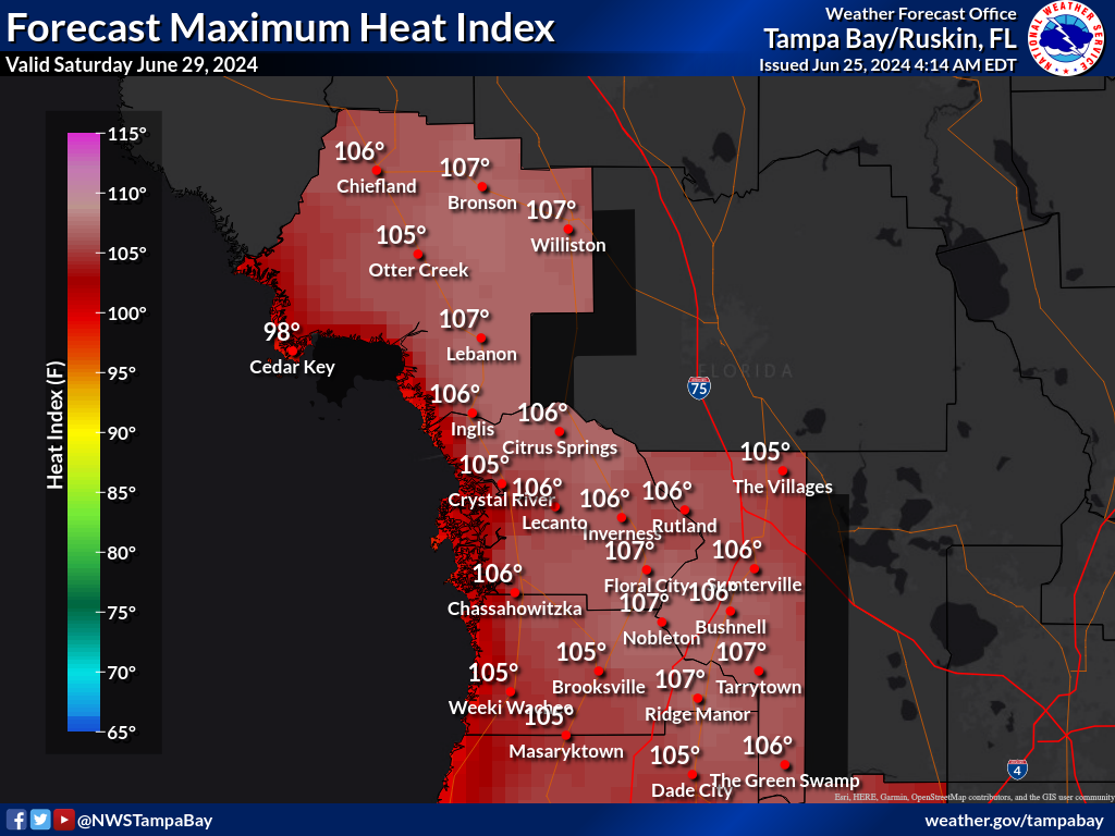 Maximum Heat Index for Day 5 across the Nature Coast
