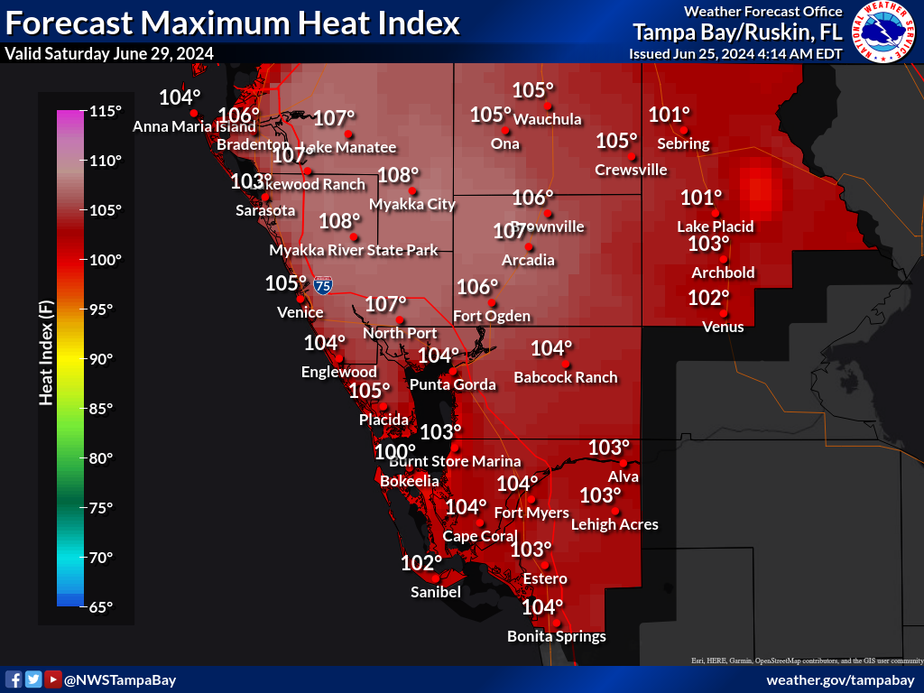 Maximum Heat Index for Day 5 across Southwest Florida