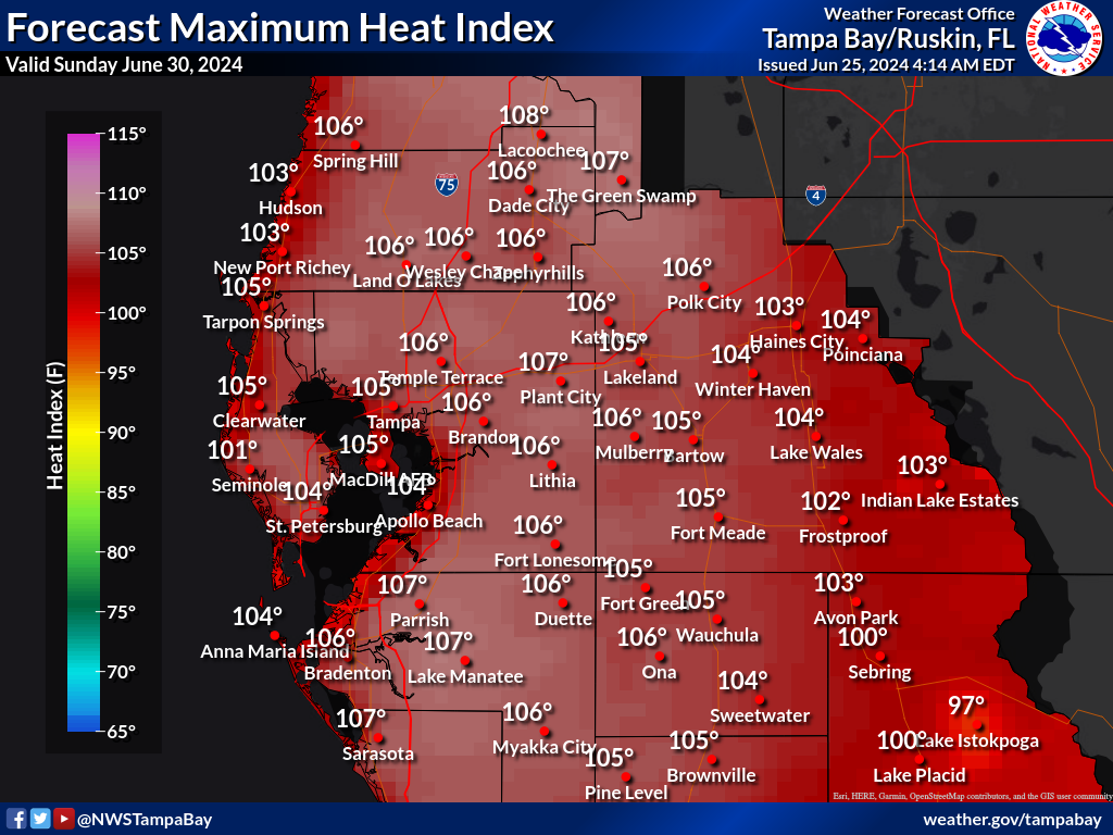 Maximum Heat Index for Day 6 across West Central Florida