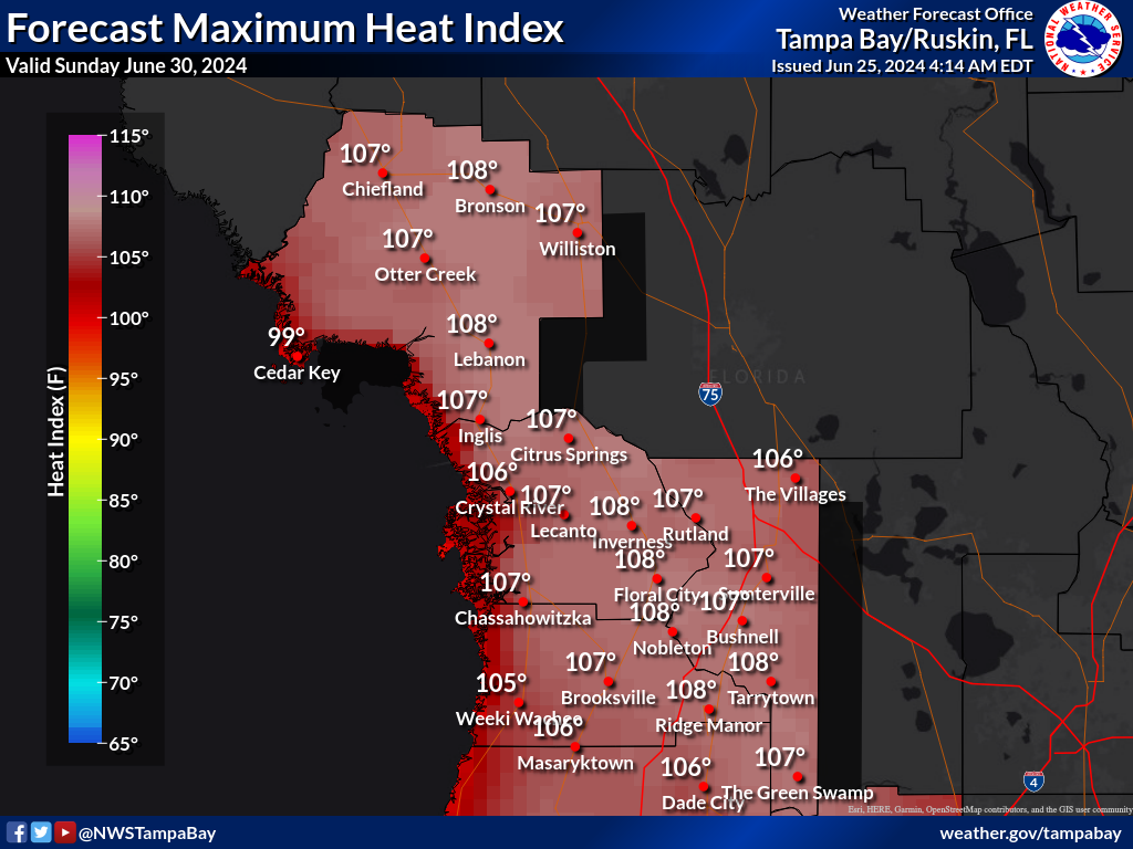 Maximum Heat Index for Day 6 across the Nature Coast