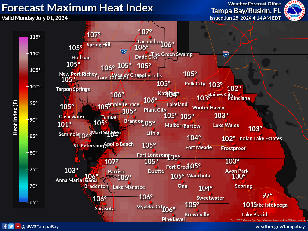 Maximum Heat Index for Day 7 across West Central Florida