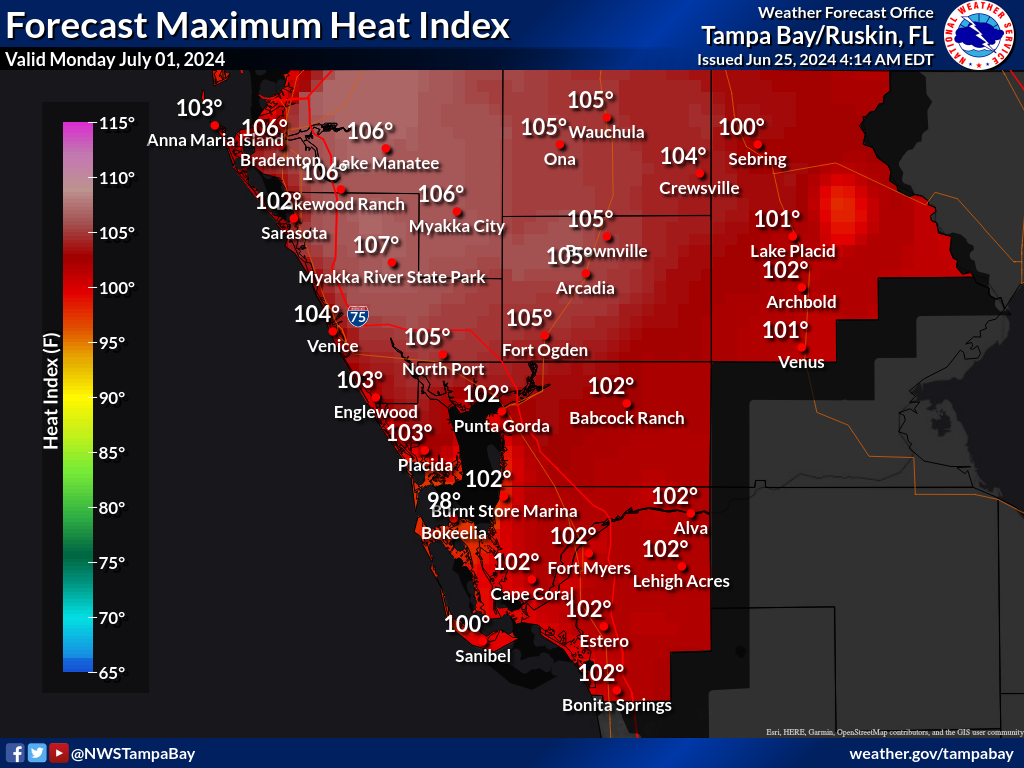 Maximum Heat Index for Day 7 across Southwest Florida